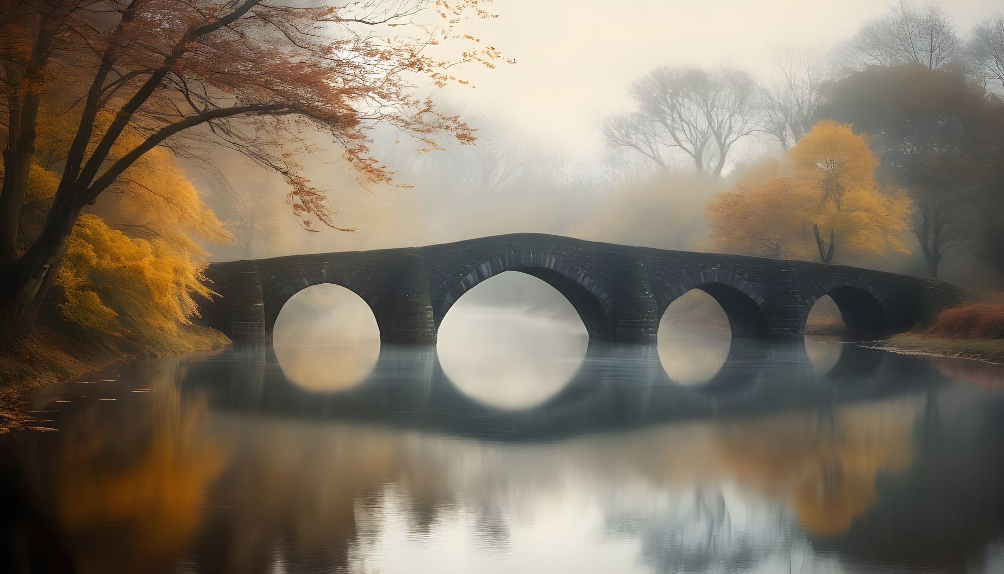 old stone bridge over a quiet river in fog, bare autumn trees, fallen leaves on the water, poetic and nostalgic feeling