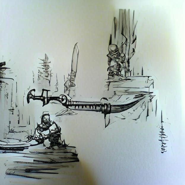 Ink sketch; the Swordsmith completes the Great Sword