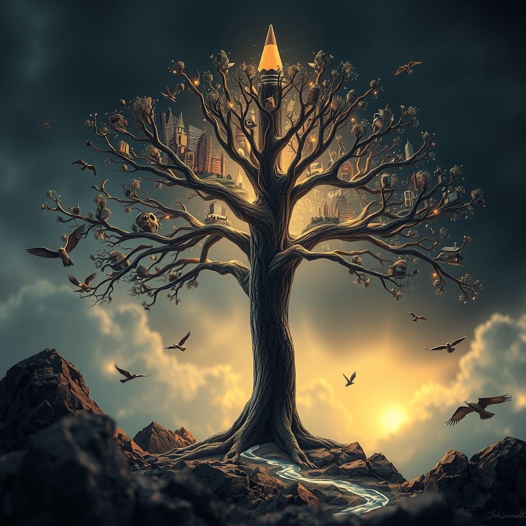 A hyper-detailed surreal scene of a single pencil transforming into a radiant tree of imagination, crafted ...  by @Rohan