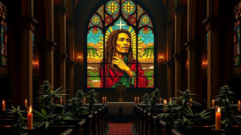A chapel with a stained glass window of Bob Marley, several cannabis plants adorn the hotel