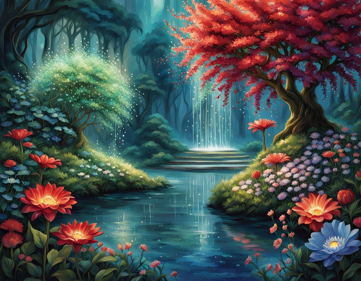 Vibrant Glass Flowers Dance in a Whimsical Garden Oasis