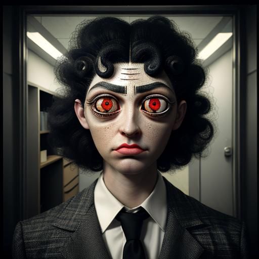 kid with giant eyeballs on their face at school, crazy hair,...