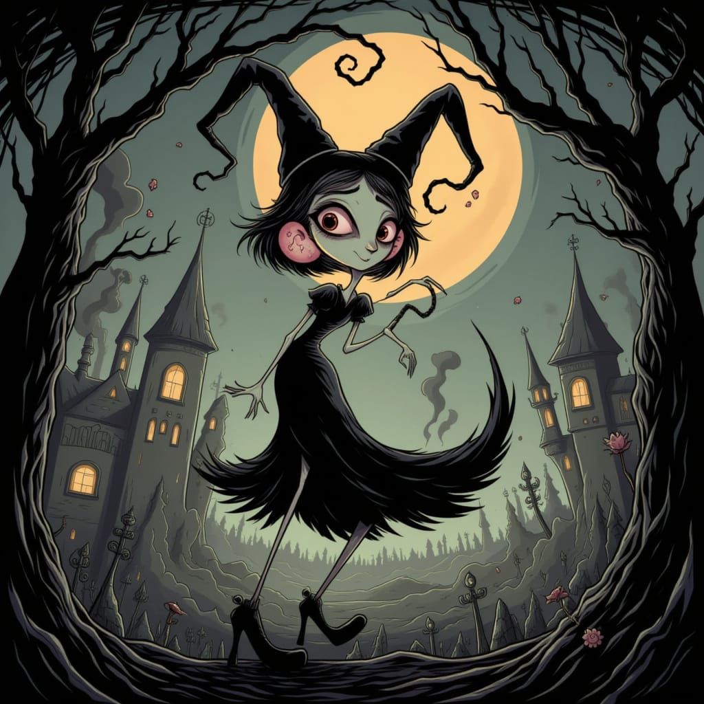 <lora:SybilThorn-LORA11:1.0> . whimsy. Dynamic and dramatic lighting. Dynamic and dramatic pose. Dark whimsy. Reminiscent of the Works of Ma...