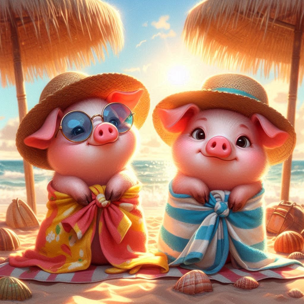 adorable pigs in beach towels on warm sunny day