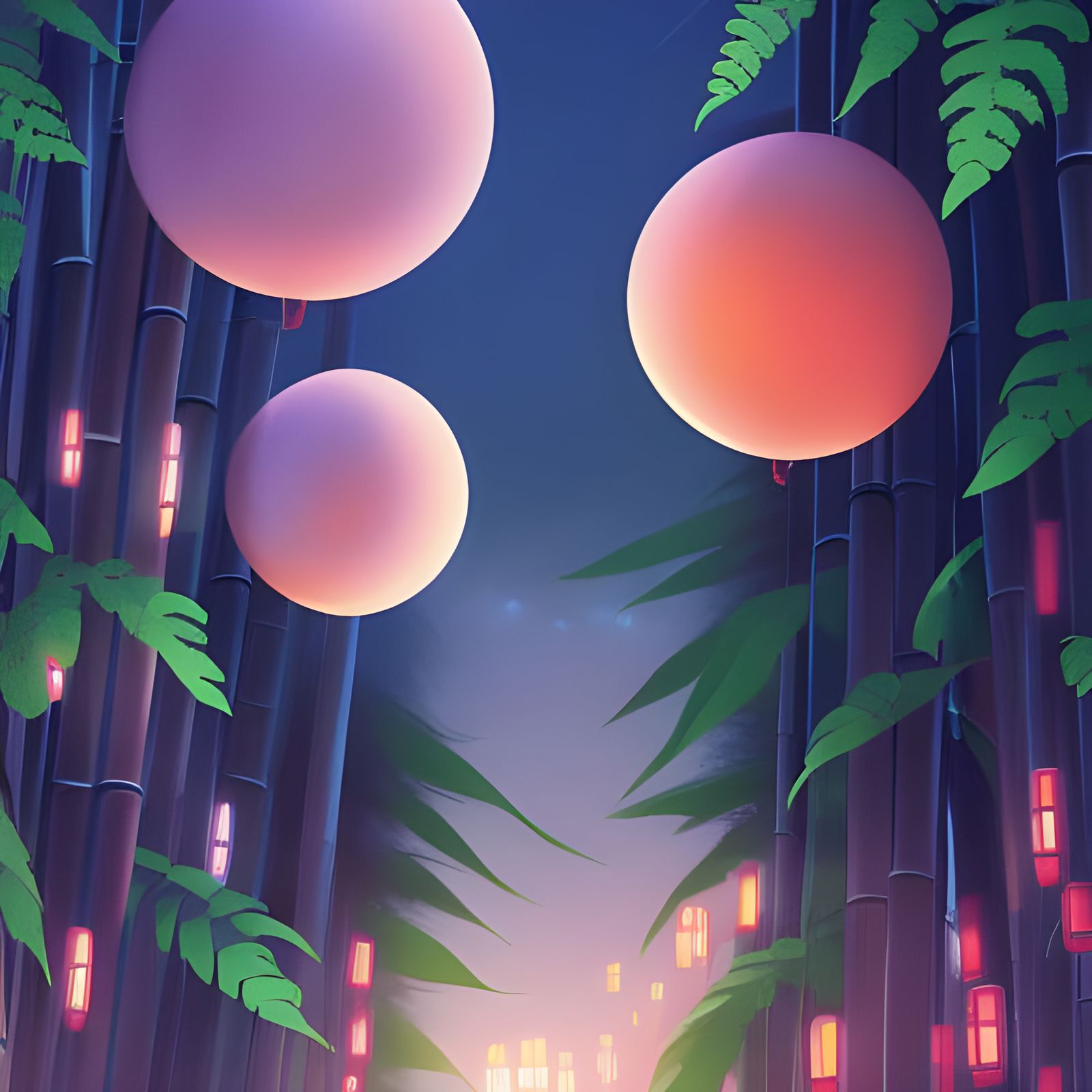 Vibrant Balloons in Bamboo Forest, Studio Ghibli Style