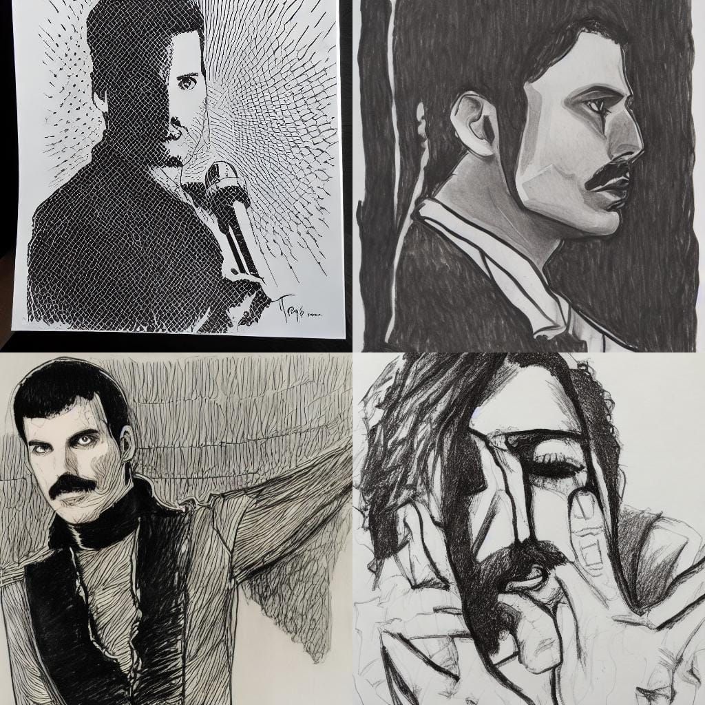 freddy mercury,portrait,pen ink drawing depth of field conce...