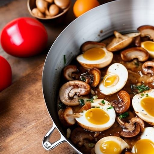 Bacon frying in a pan , eggs, mushrooms 