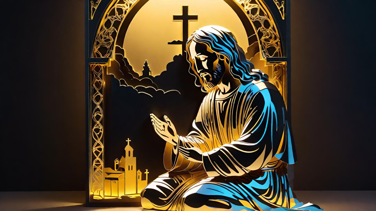Jesus Christ in Getsêmani, praying on knees, Shadow Box File...
