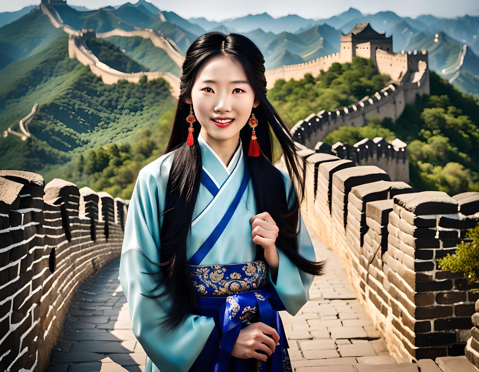 A beautiful bright-eyed Chinese woman standing along the wal...