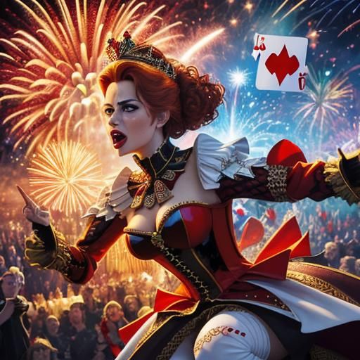 Queen of hearts steps out of a magical playing card, action ...