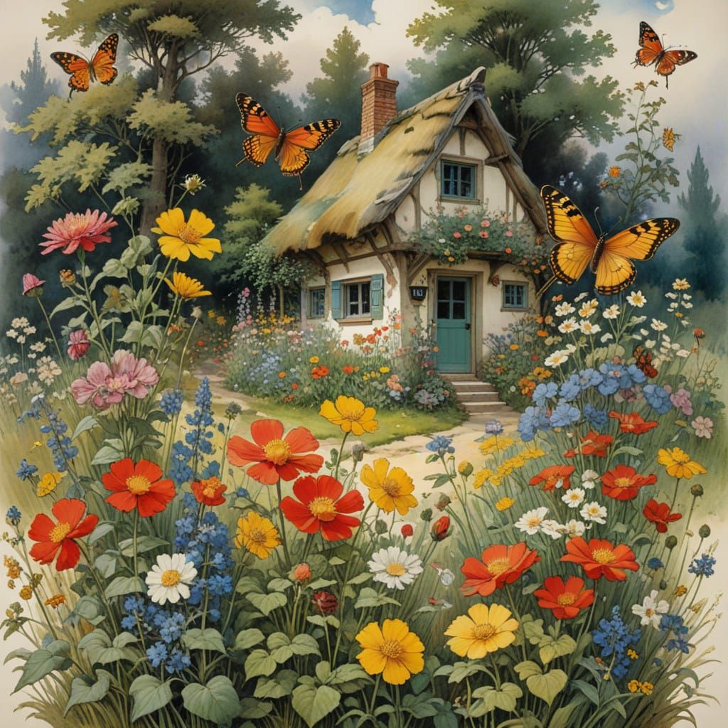 cottage, garden with birds, butterflies and wildflowers by Charles Maurice Detmold and Arthur Rackham ...  by @Tina auf der Blumenwiese