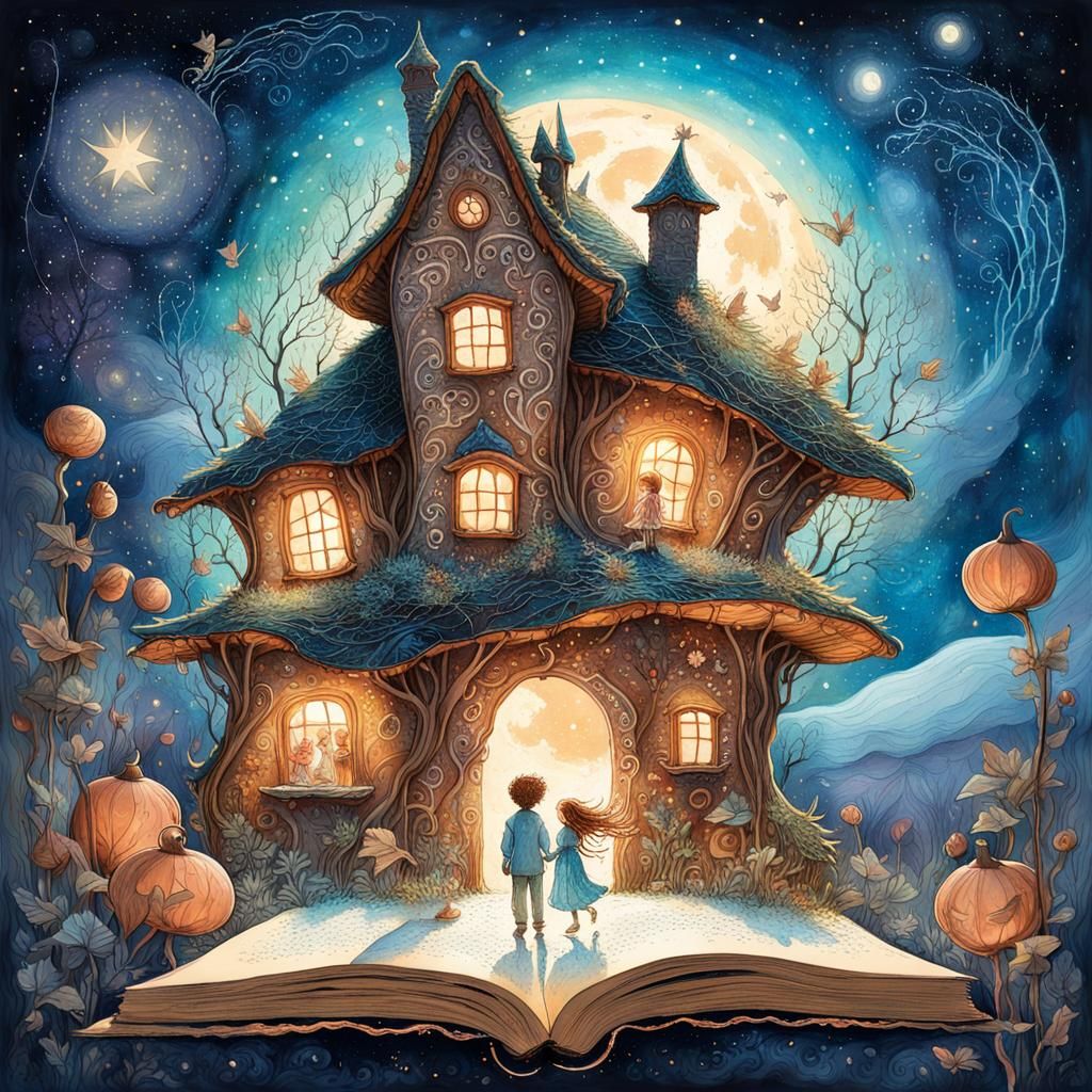Hansel and Gretel come out of a beautiful fairy tale book and stand in front of the gingerbread witch's ...  by @Angelika