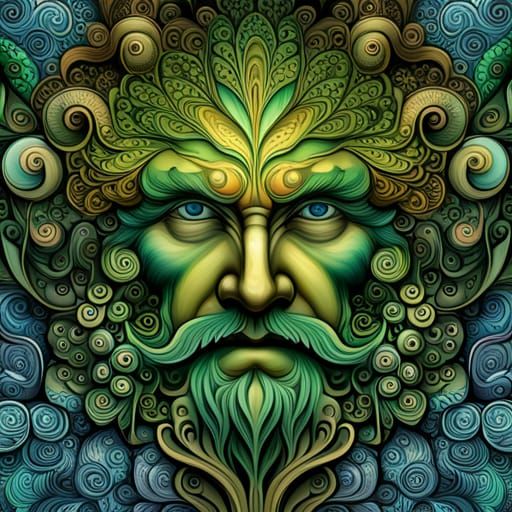 Old green man Intricate design, highly textured, multi coloured and ...