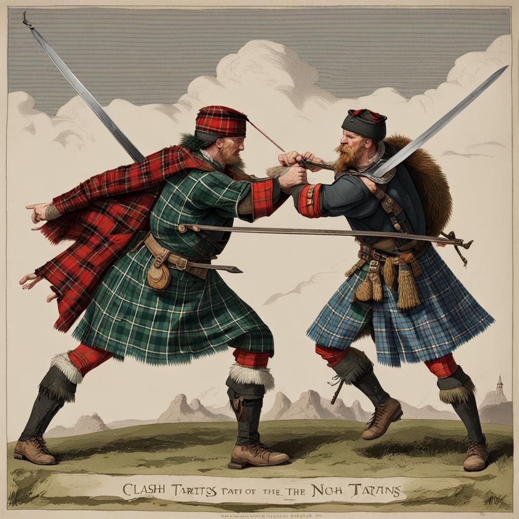 Clash of the Tartans, two highland Scots wearing the respective plaid ...