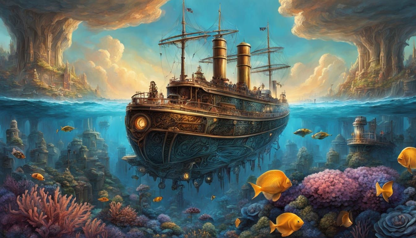 a steampunk submarine exploring a vibrant coral reef teeming with exotic fish and glowing anemones. The ...  by @Carlos