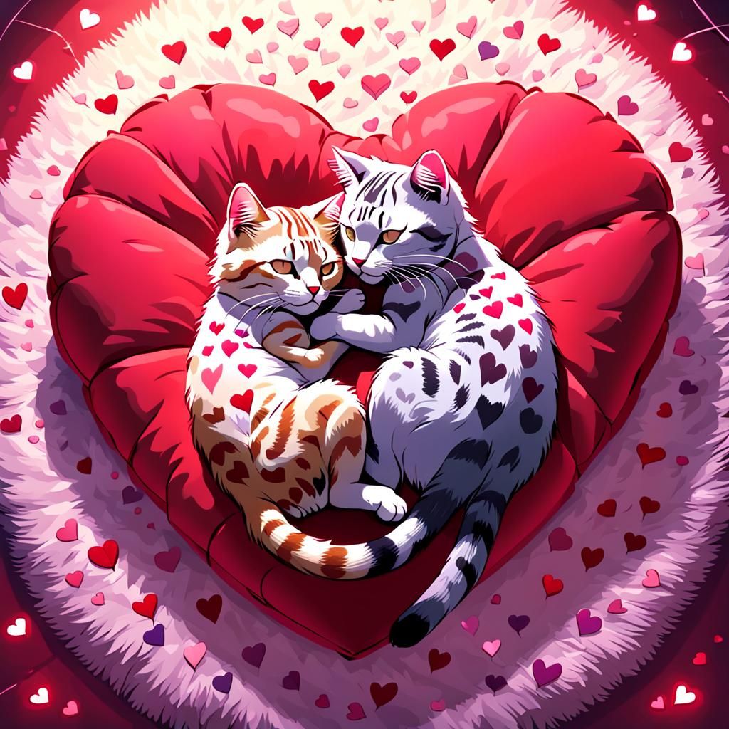 view from above two felines curled up snuggling together on ...