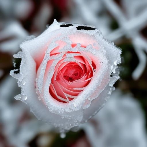 frozen rose flower in winter with its petals falling apart like ...