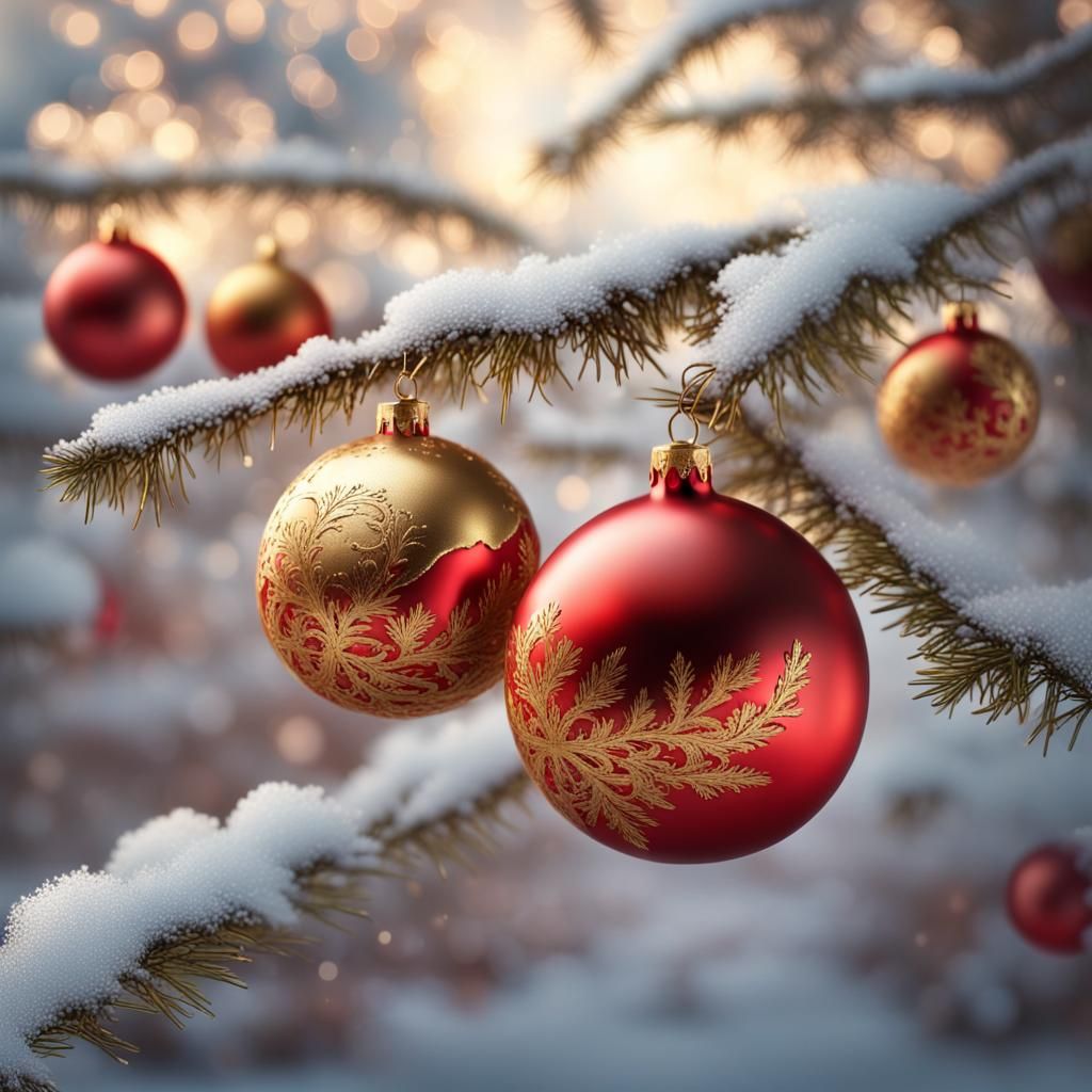 Festive Red and Gold Christmas Baubles in Hyperrealism