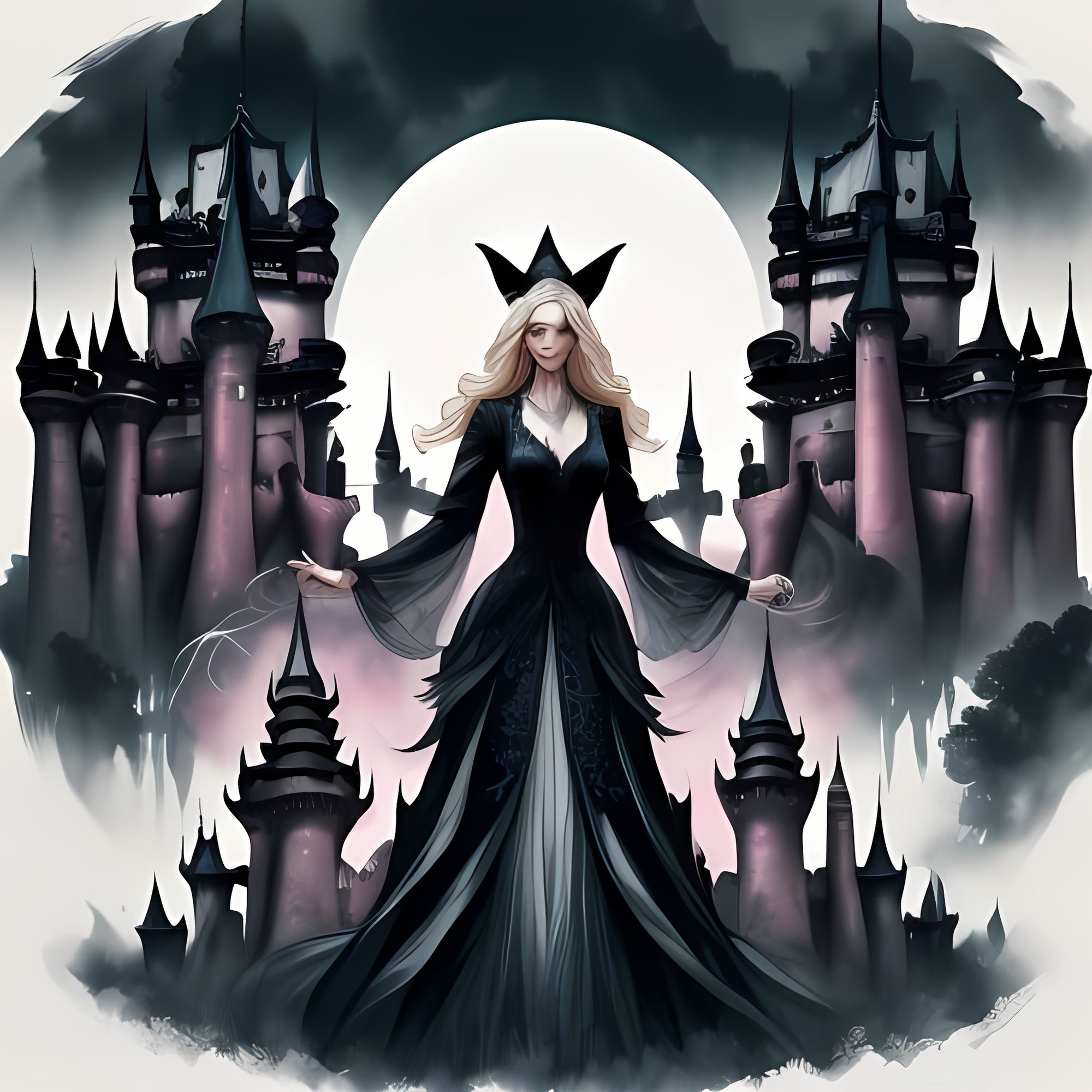 Double exposure. A blonde witch standing in front of a pink sandstone castle, overlaying with a wolf.<lora:Doublex portrait DS8:1.0>