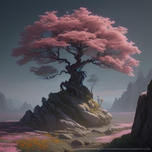 an old tree, growing on a rock, not many branches but long s...