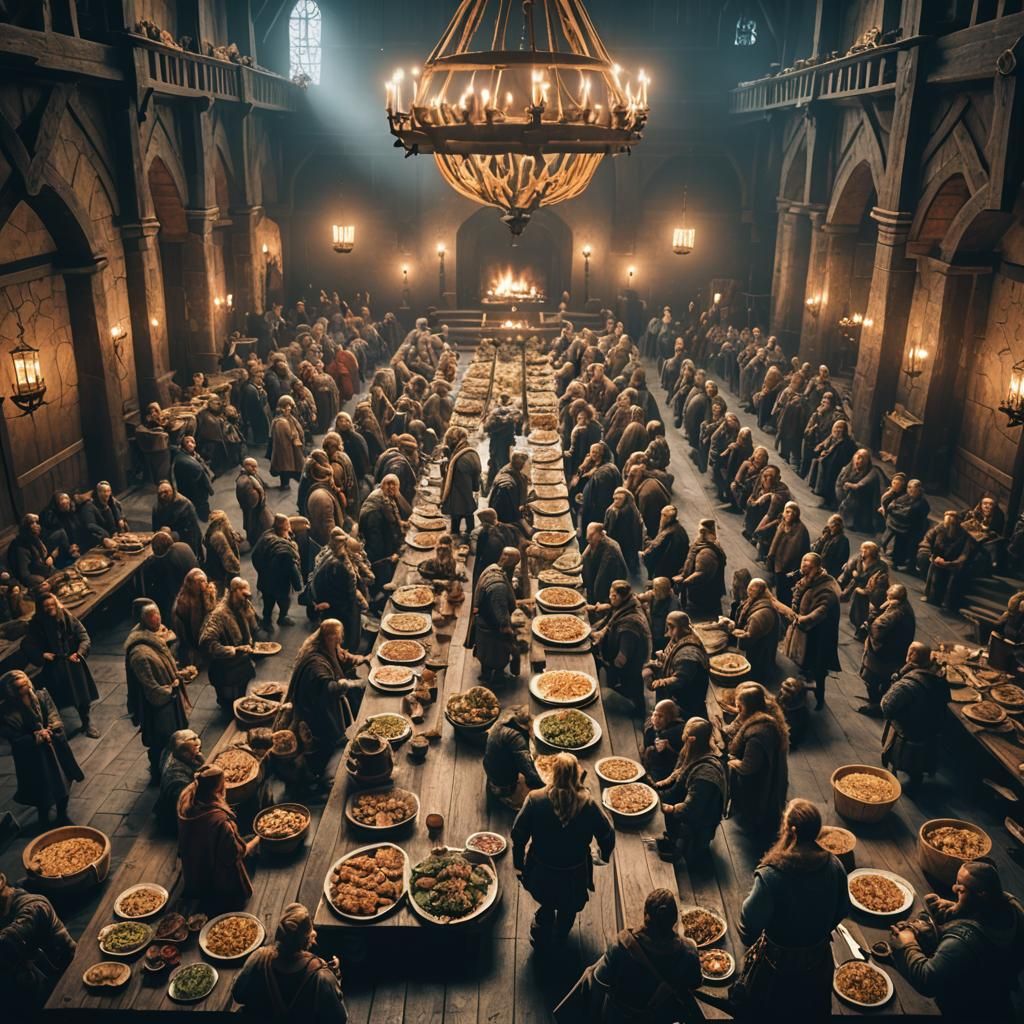 Valheim vikings feasting in a great hall