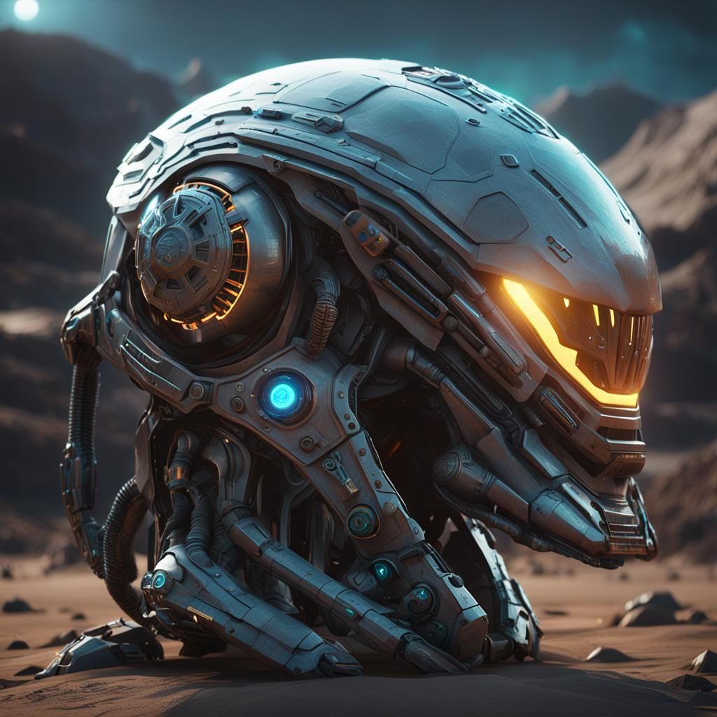 An alien helmet with bizarre shapes and glowing symbols, wor...