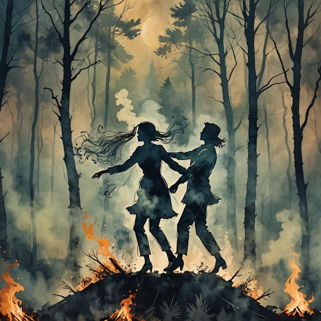 dancing couple formed from the smoke of a campfire in the fo...