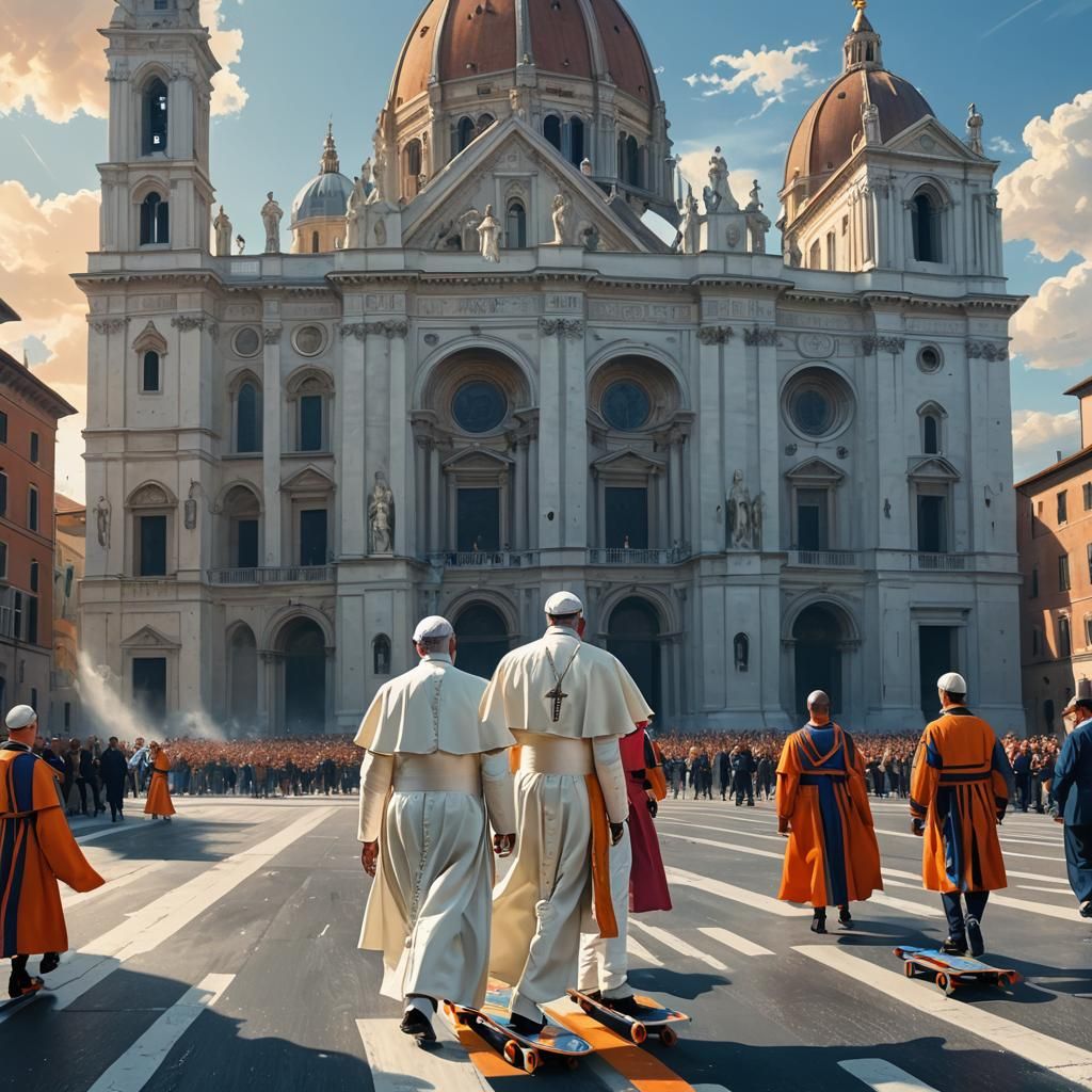 Pope Francis in front of the Cathedral of Monza. The Square must be recognized. A child on a flying sketboard passes in front of the pope. T...
