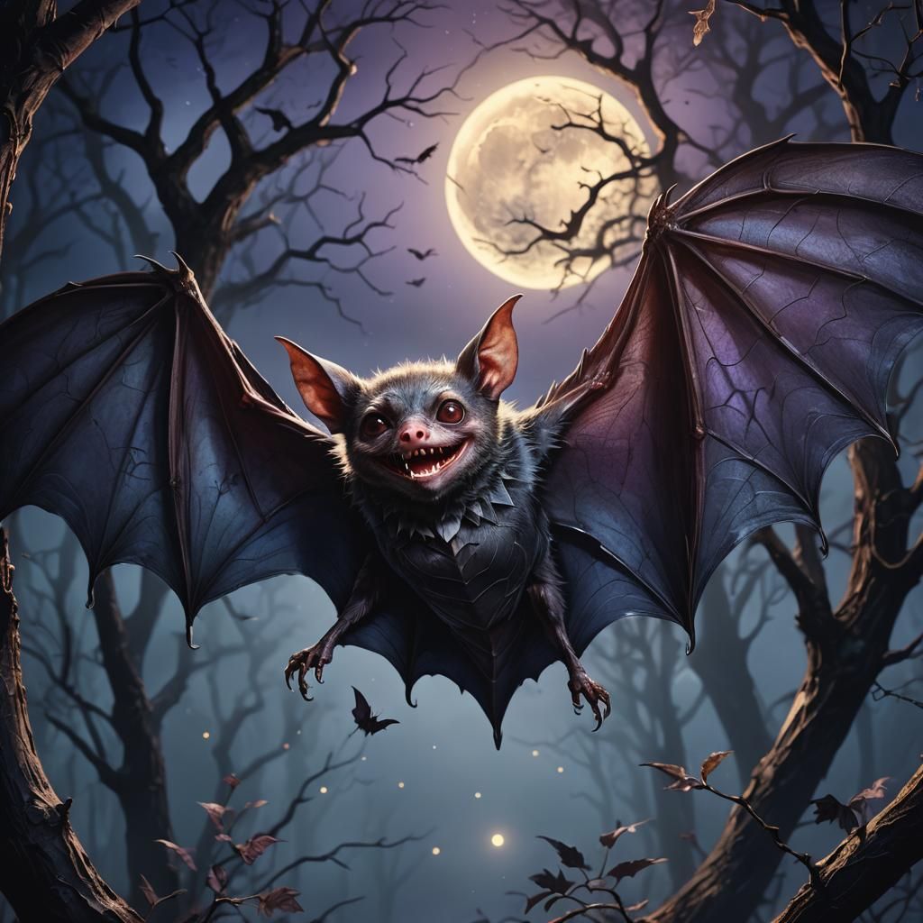 A vampire bat with big, round eyes and a sweet, playful smil...