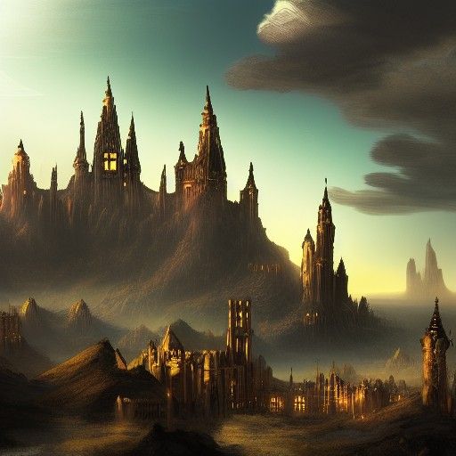 a high fantasy magic city in the desert with great towers ma...