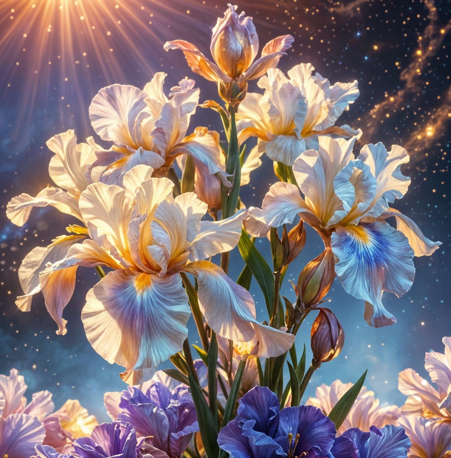 Epic irises meticulously crafted pearlesque sapphire color gradient rose gold details Fantasy background ...  by @Peregrine Falconer