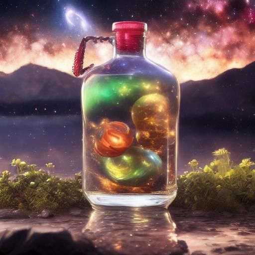 <lora:Stunning:1.0> galaxy in a bottle at midnight. village in the bottle, midnight bell, tower, houses, detailed intricate, clear, clarity...