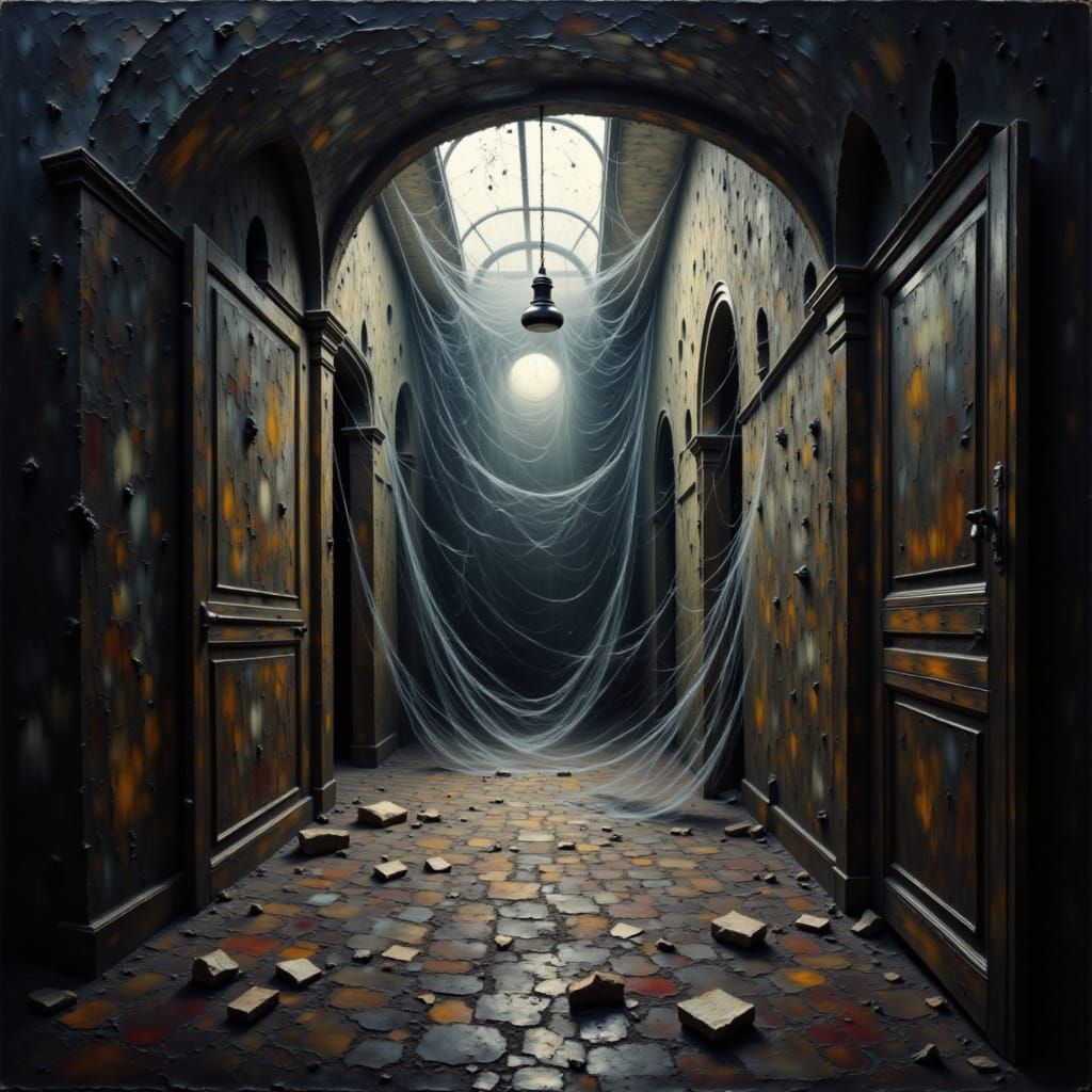 <lora:Gothic Halloween 1-1:1.0> Spider webs covering an old forgotten attic