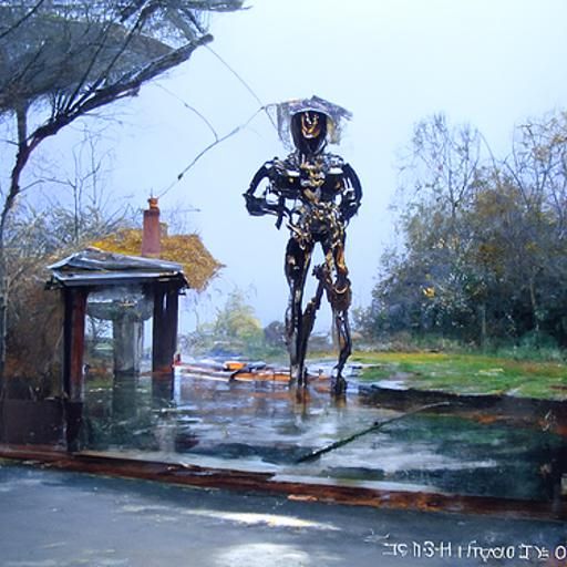 uncanny humanoid outside in the rain