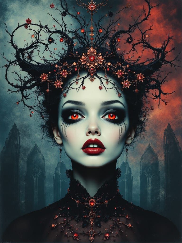 a surreal portrait of a lady vampire with distorted, asymmetrical features, her huge, expressive blood-red eyes glowing like cursed rubies, ...