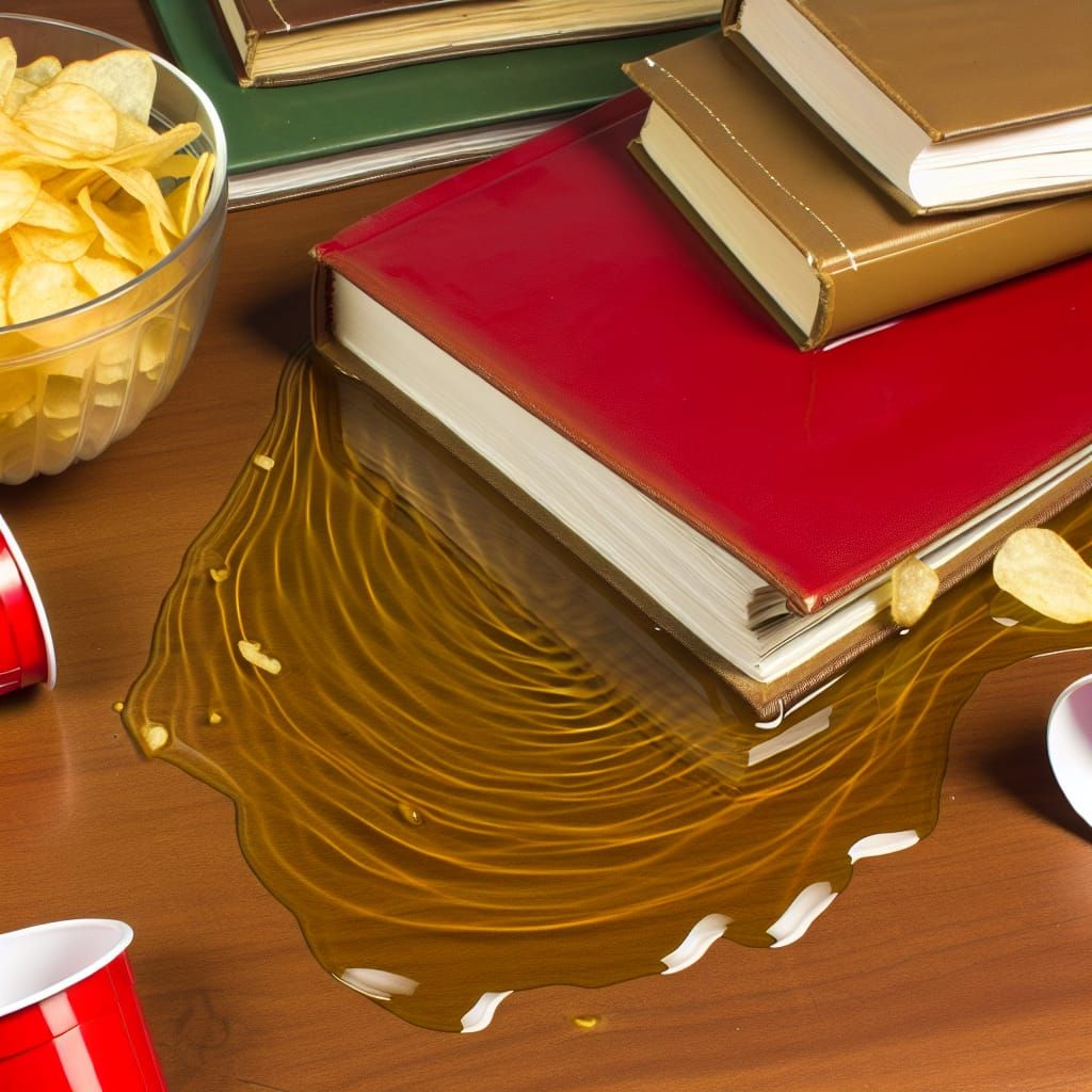 large drink spill on table with bowl of crisps, liquid seeping into some notebooks and some red cups