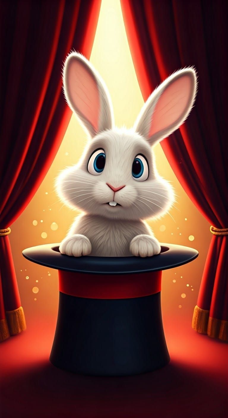 Shy Rabbit Emerges from Top Hat in Cartoon Style