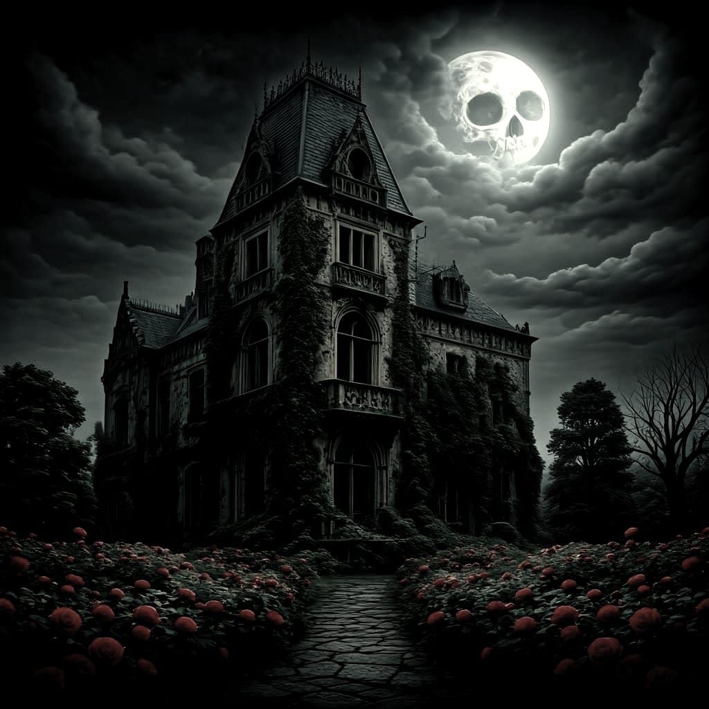 a hauntingly beautiful, ancient mansion, shrouded in an aura of foreboding, with overgrown, sinister ...  by @Yui