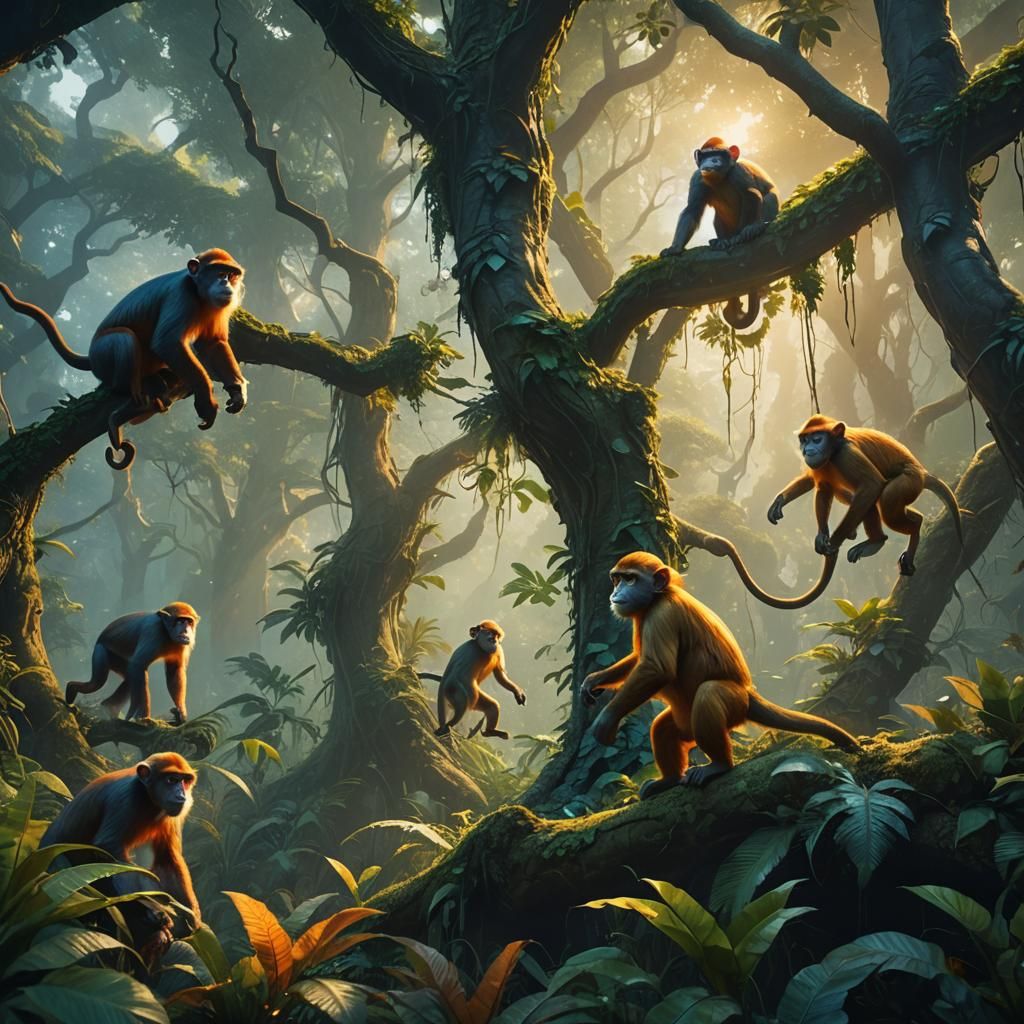Monkeys Playing in Mystical Forest, Fantasy Art