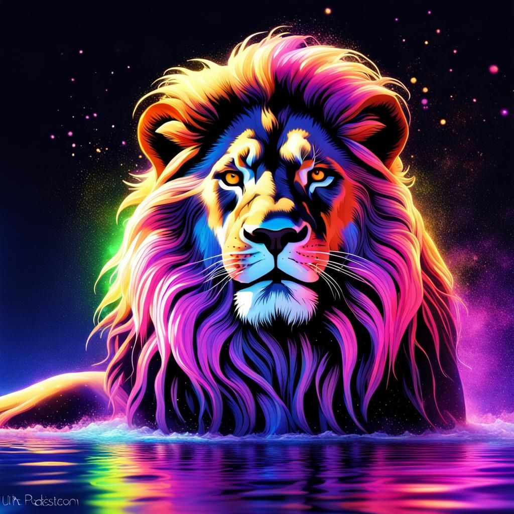 Black Light Art - Majestic Neon Lion  by @Baby Isis