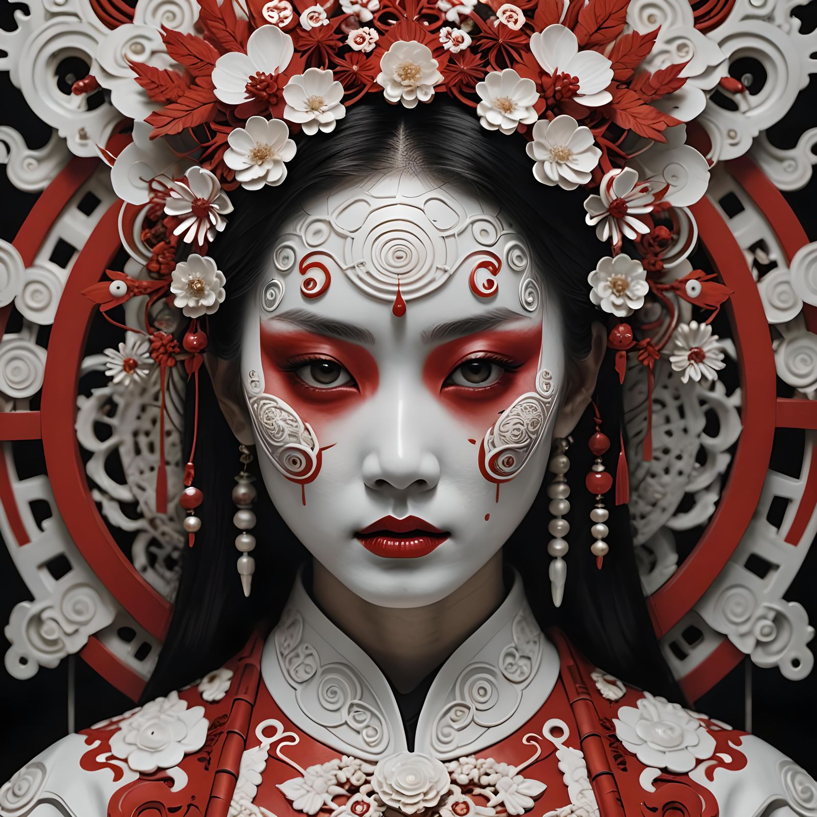 japanese girl with red and white painted face, in the style of gothic futurism, monochromatic symmetry, ...  by @undefined