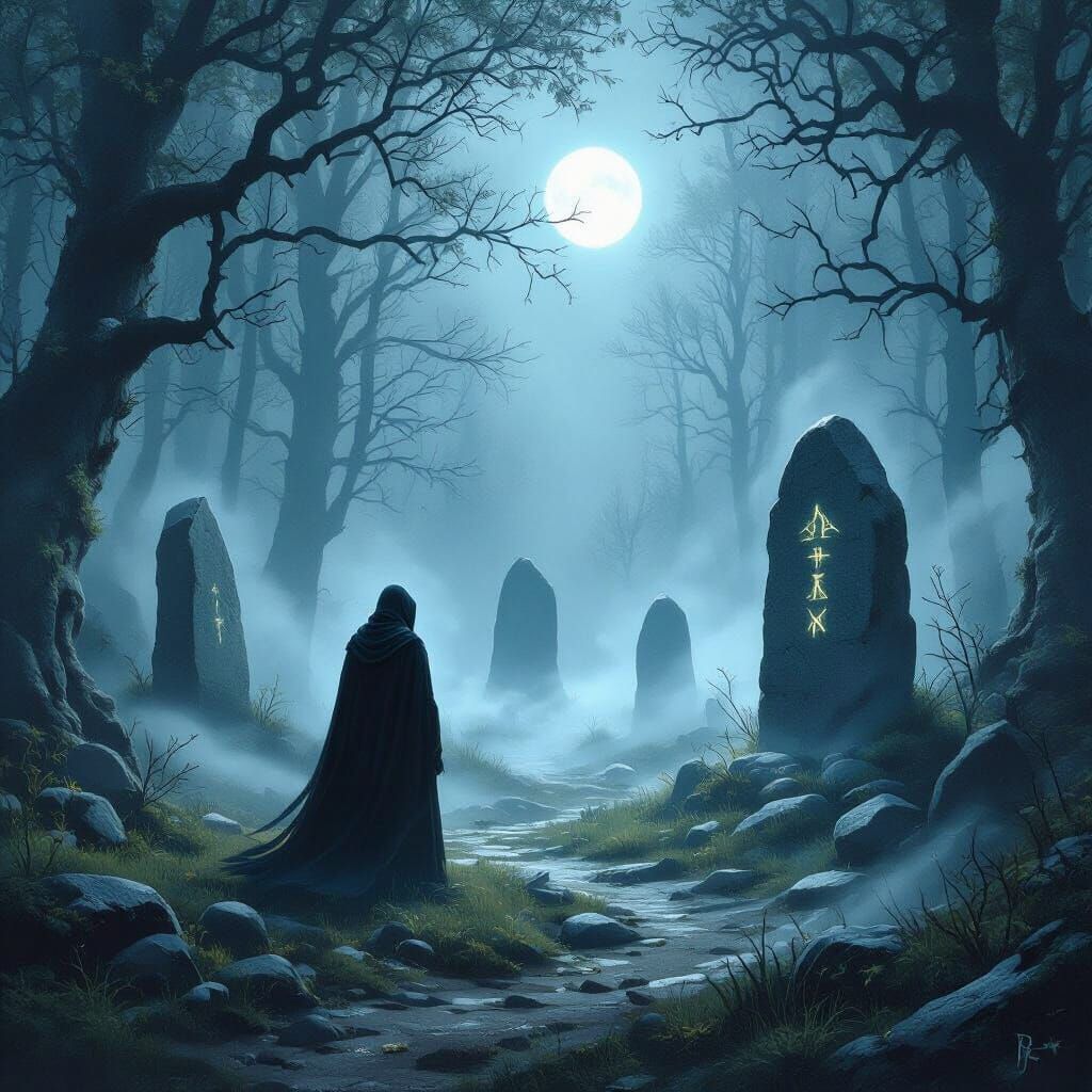 A mystical forest clearing where ancient runes glow faintly on standing stones, surrounded by ethereal mist. A lone, cloaked figure stands i...