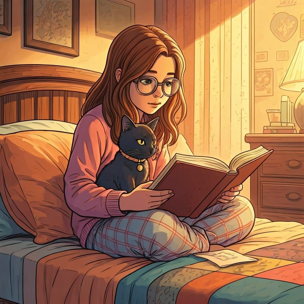 Comic style. Reading with cat.  by @Theseus