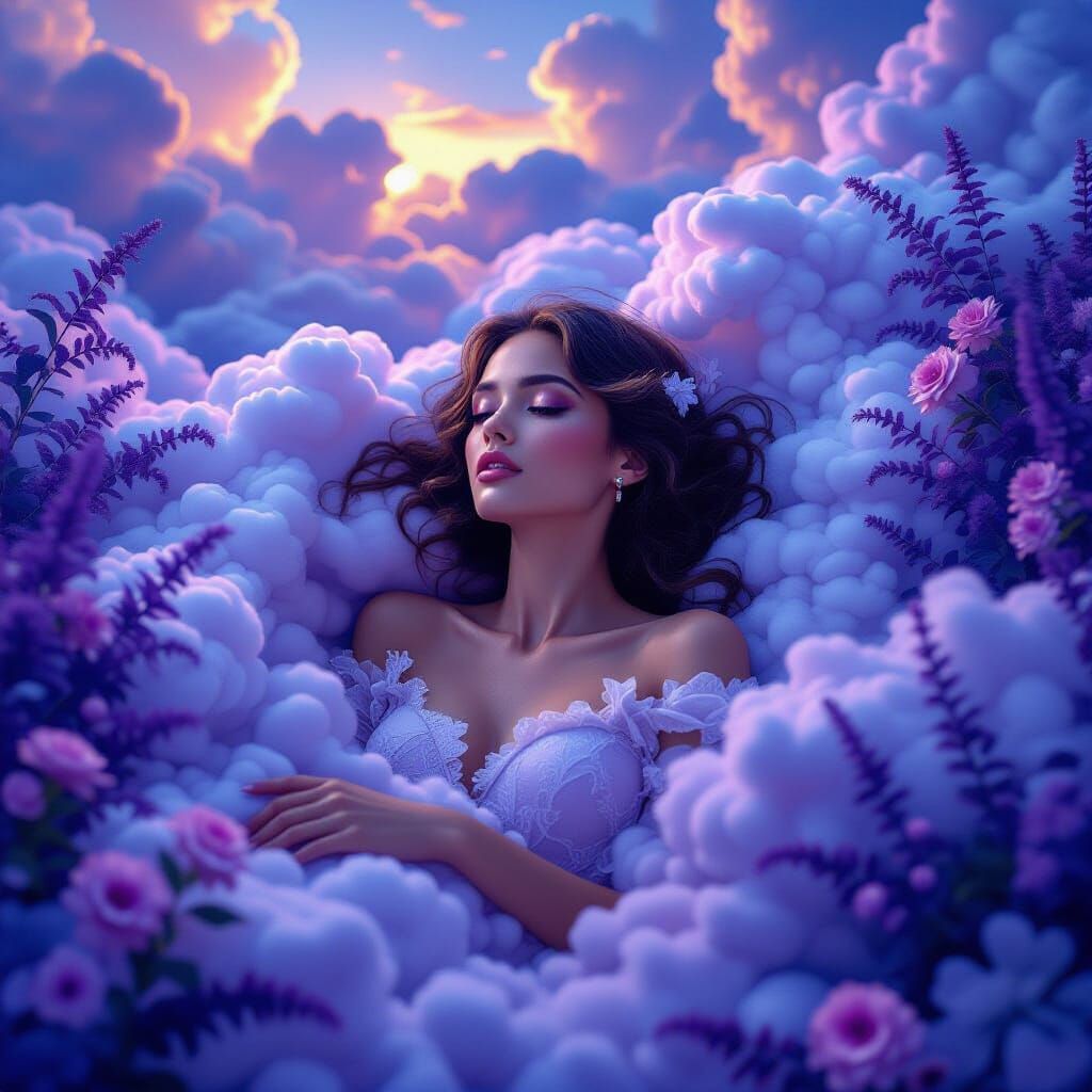 Dreamy Woman Surrounded by Swirling Clouds in Hyperrealism