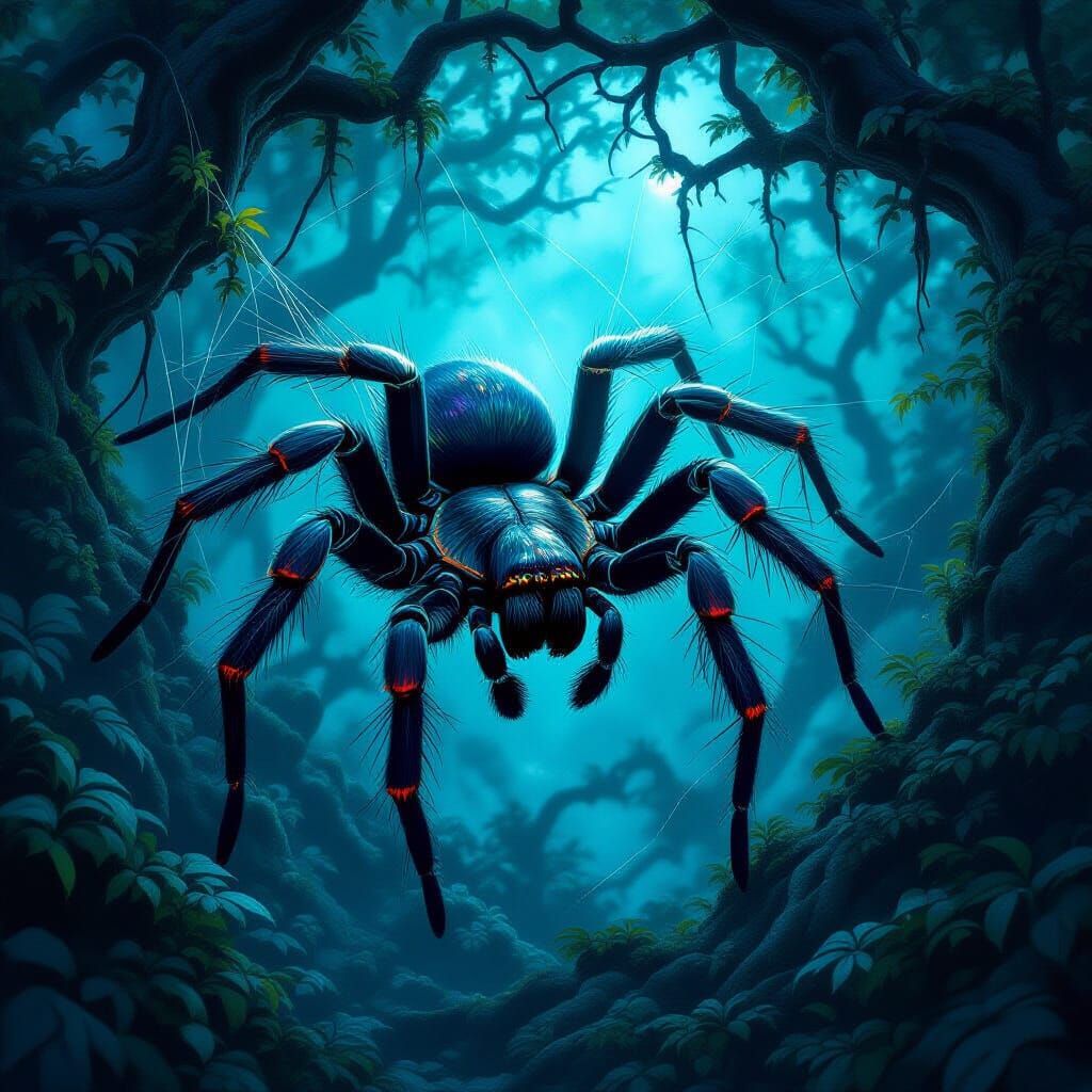 A majestic, ancient tarantula with iridescent, jewel-toned legs meticulously weaving a colossal, intricate web between the gnarled branches ...