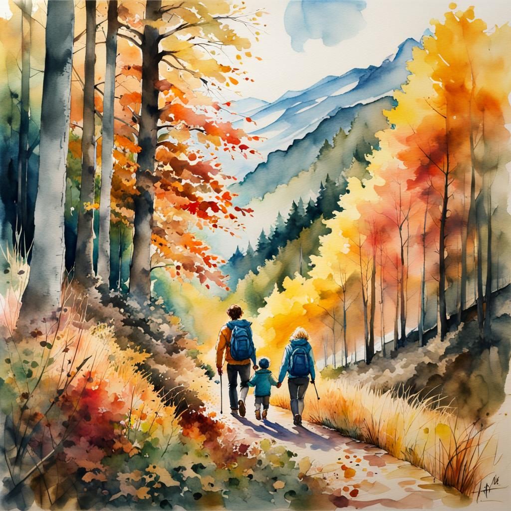 Family Hiking Autumn Trail in Watercolor Style
