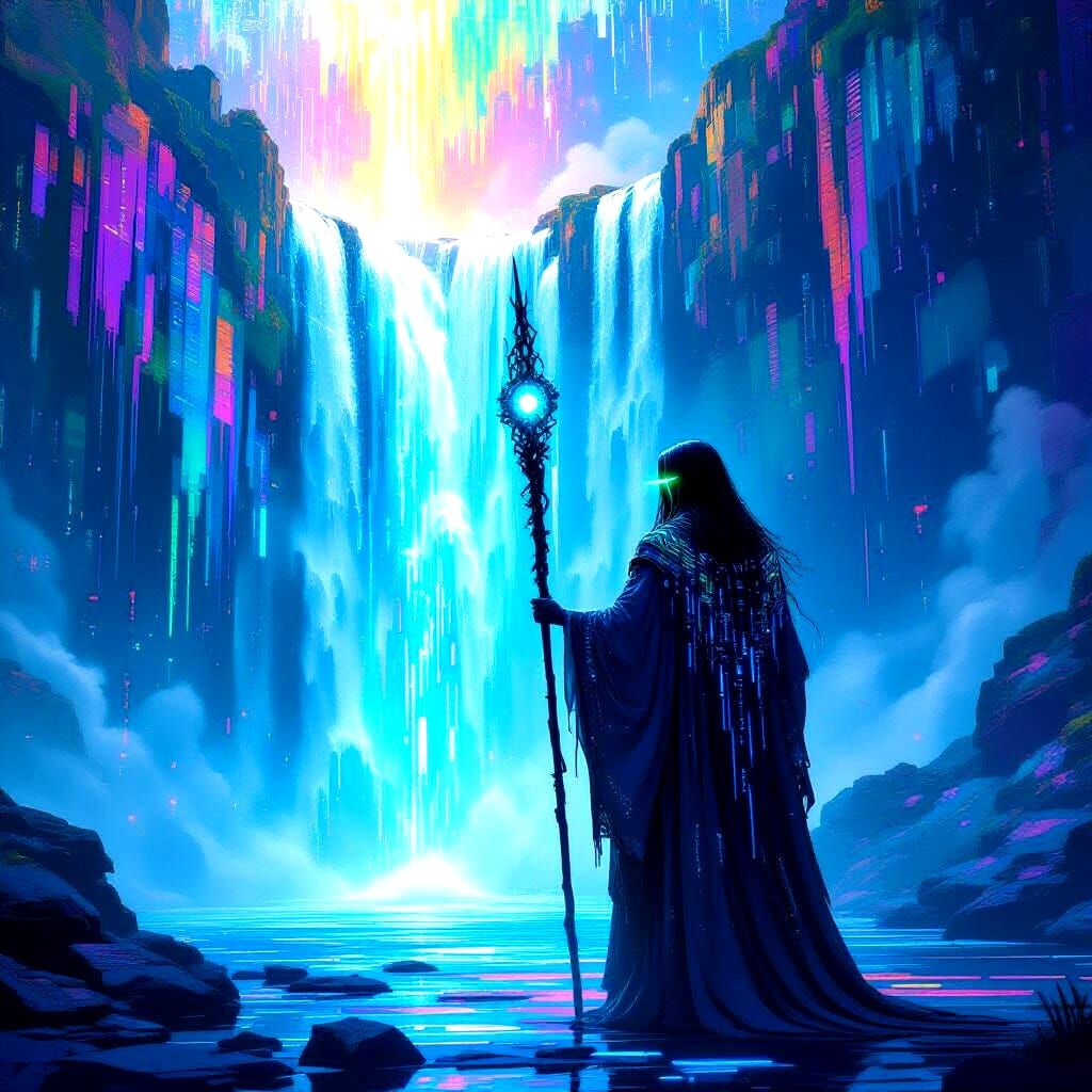 A digital shaman with a staff of pure data stands before a cascading waterfall of binary code, their eyes glowing with an otherworldly power...
