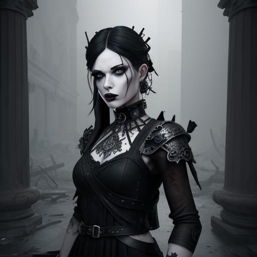 female goth fashion model. fog. goth coffee shop. black and ...