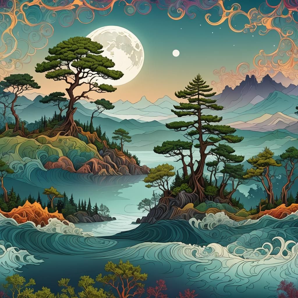 an island with a clump of Italian cypress trees
