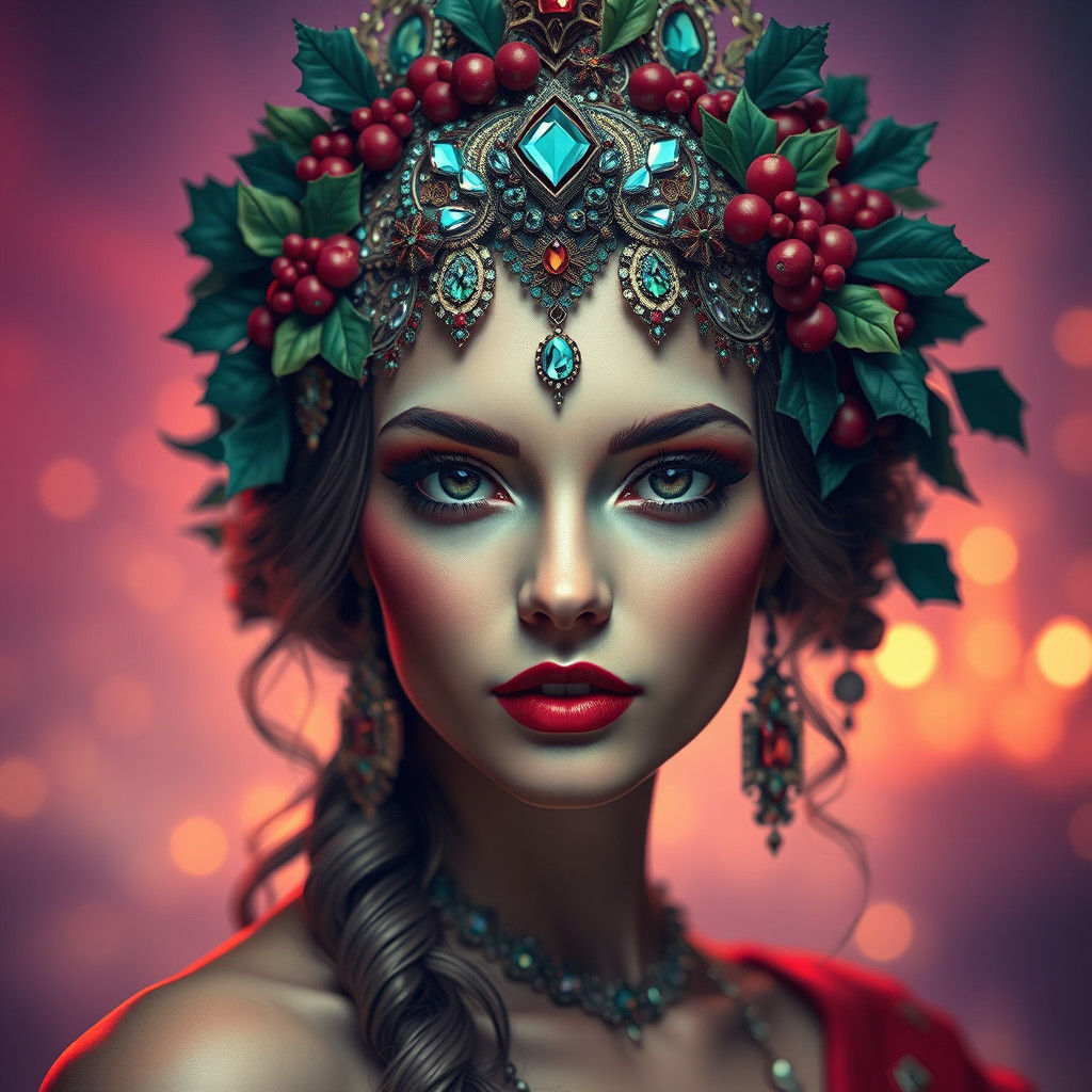 Ornate Gemstone Headdress Portrait in Art Nouveau Style